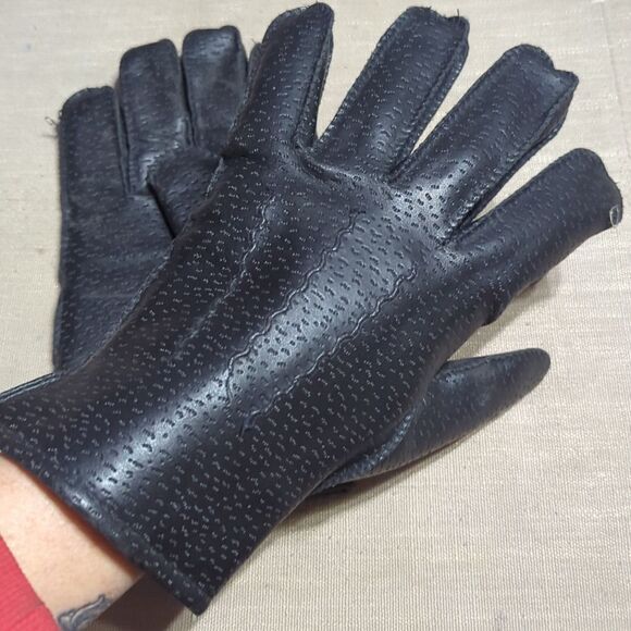VINTAGE Mens BLACK FAUX LEATHER GLOVES - SIZE LARGE - Picture 1 of 6